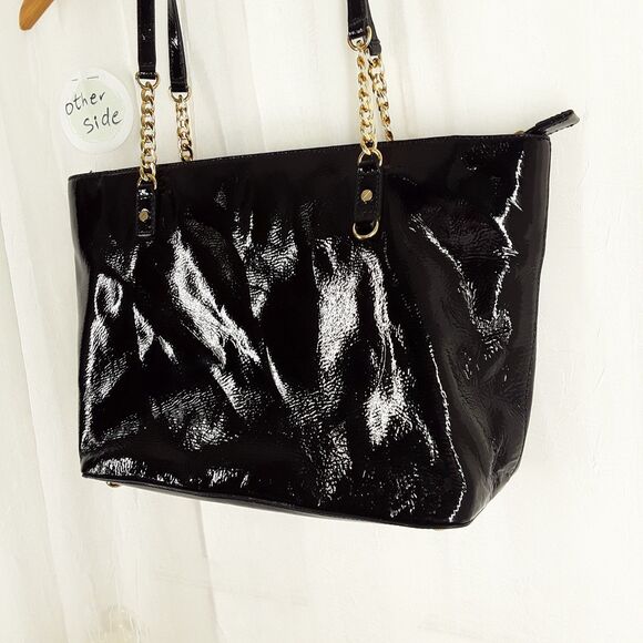 MICHAEL KORS Patent Leather + Chain Tote Bag, Shoulder Purse Handbag,shiny black - Picture 5 of 16